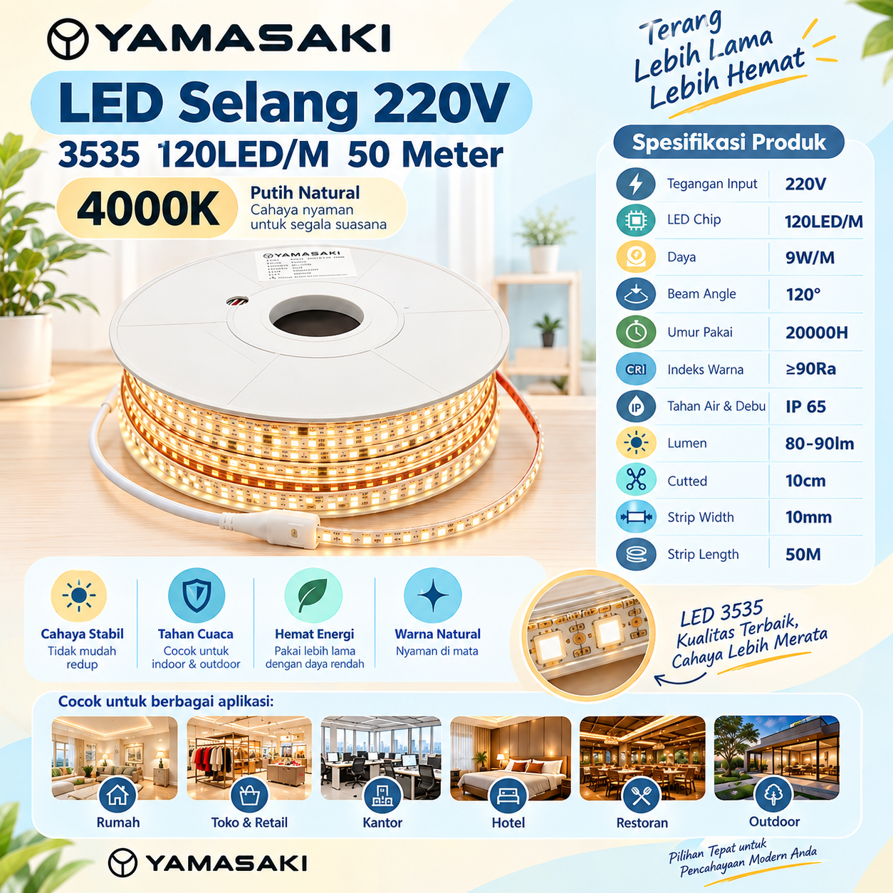 YAMASAKI LED Selang 220V SMD 3535 120LED/M 50 Meter 10Cm Cuttable Premium Quality - Image 5