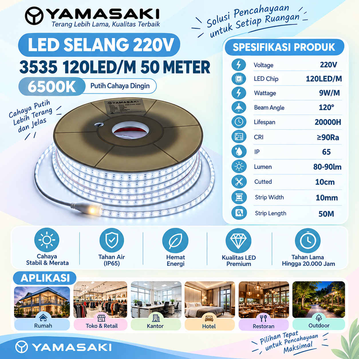 YAMASAKI LED Selang 220V SMD 3535 120LED/M 50 Meter 10Cm Cuttable Premium Quality - Image 4