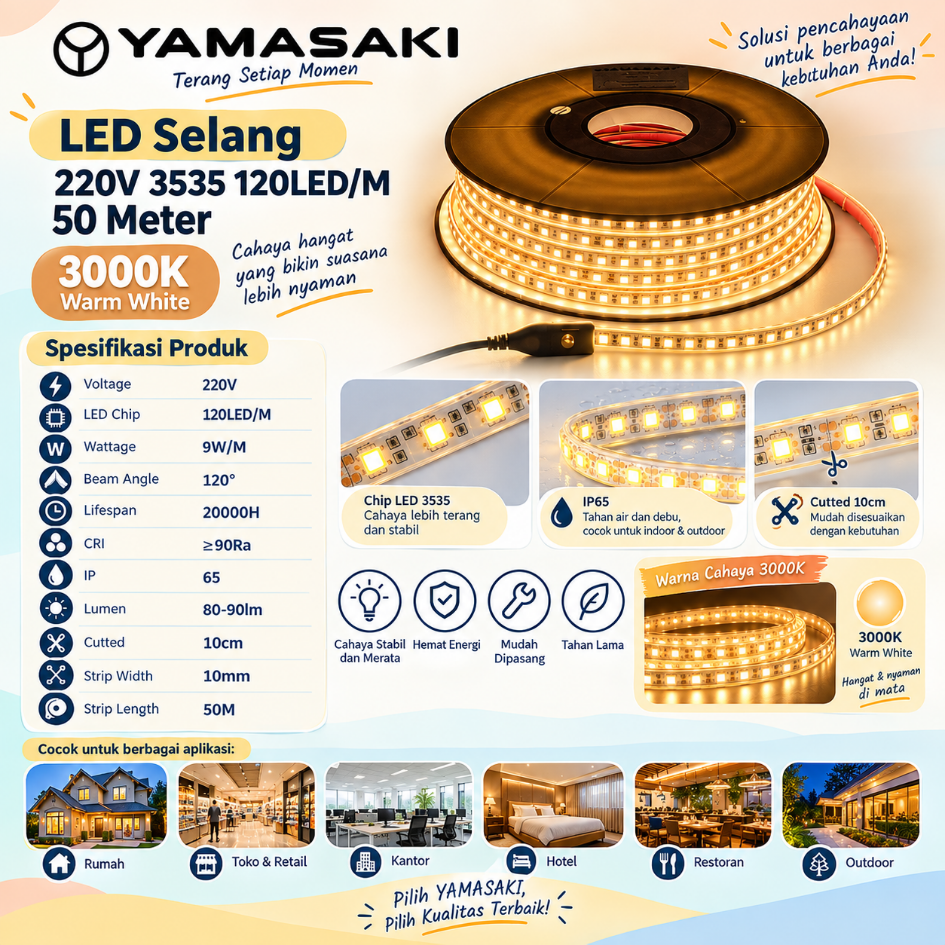 YAMASAKI LED Selang 220V SMD 3535 120LED/M 50 Meter 10Cm Cuttable Premium Quality - Image 3
