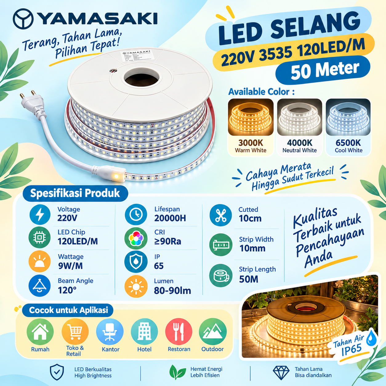 YAMASAKI LED Selang 220V SMD 3535 120LED/M 50 Meter 10Cm Cuttable Premium Quality - Image 2